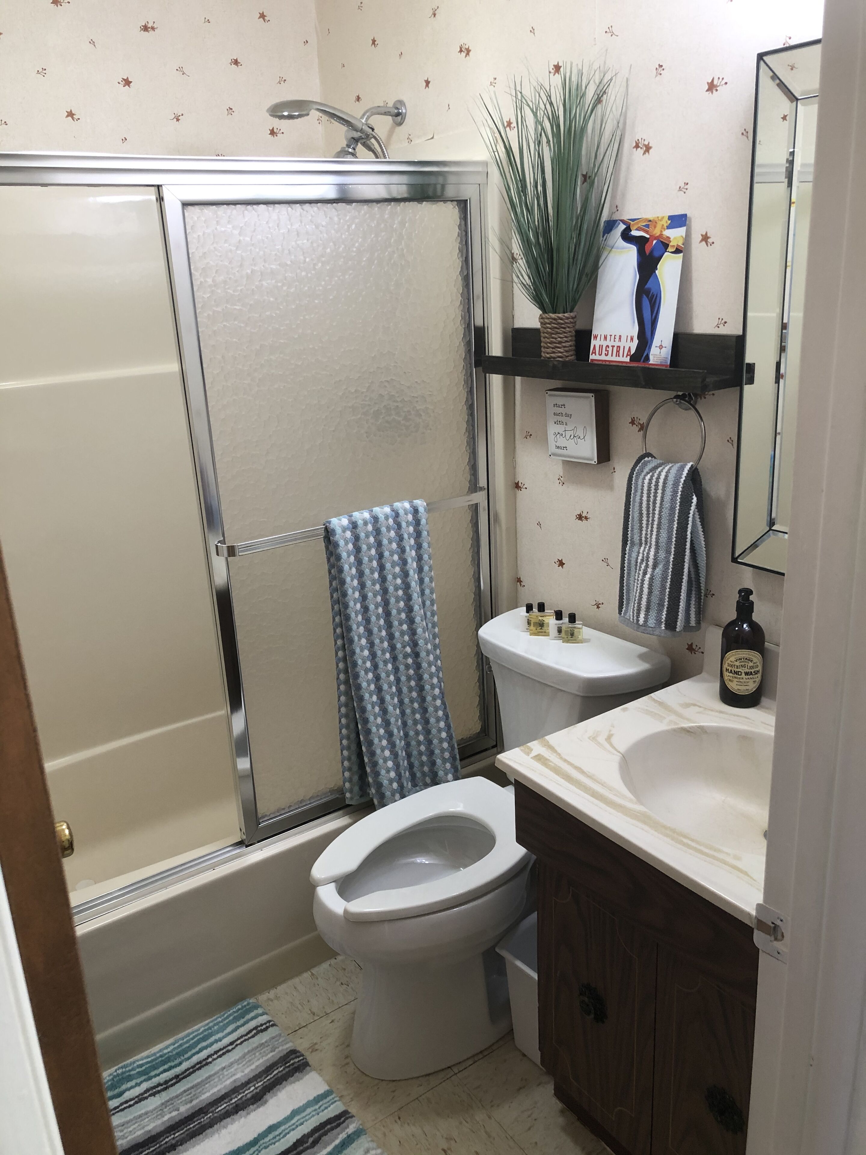 Combined shower/bathtub, hair dryer, towels, toilet paper