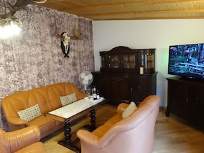 A living room with a sofa, armchair, wooden cabinet, television, and a wall-mounted deer skull.
