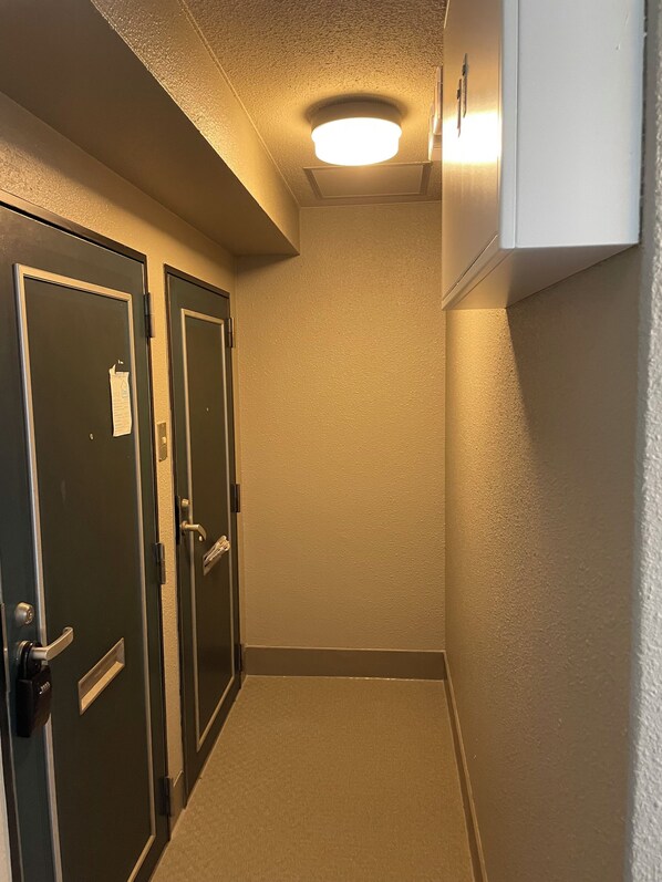 Een smalle gang met twee deuren, een plafondlamp en een witte muur.