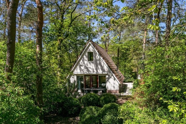 A small, white cabin with a sloped roof surrounded by dense forest.