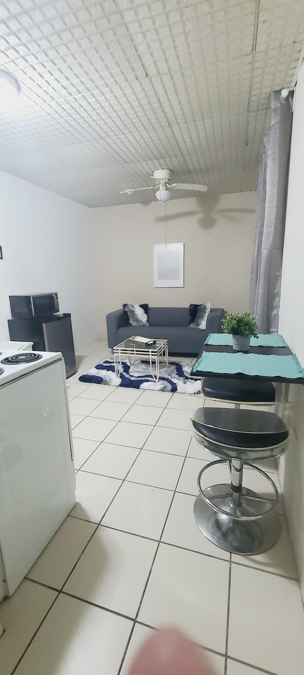 A compact living space with a kitchenette, a dining area, and a seating area.