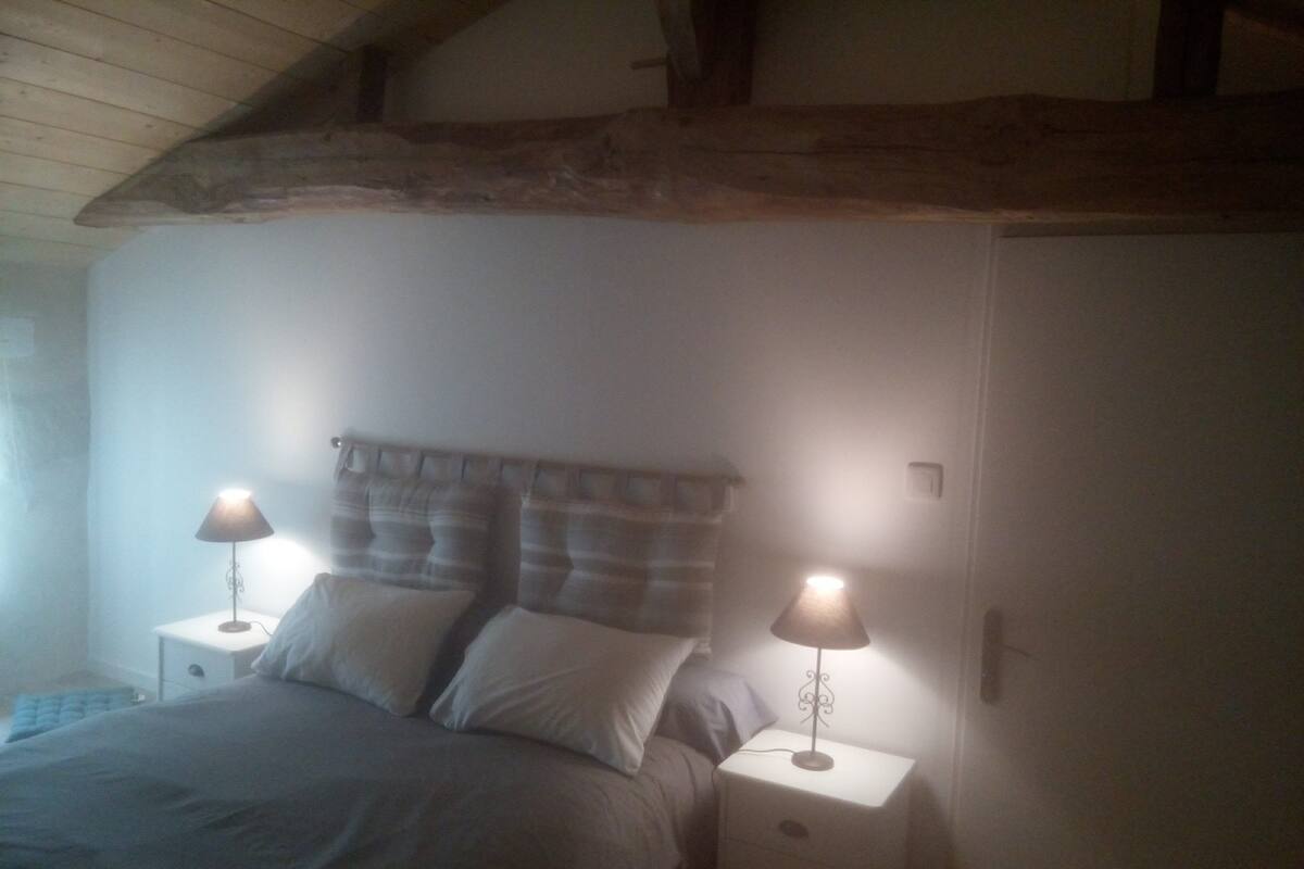 Une chambre à coucher avec un lit, deux tables de chevet avec des lampes, une tête de lit et un plafond en pente.