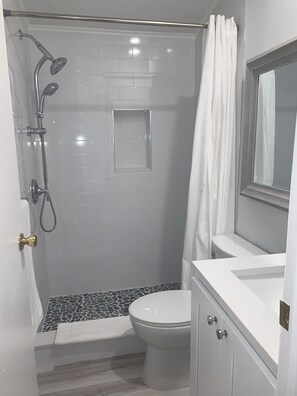 Regadera, secadora de cabello, toallas, jabón 