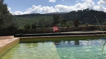 Seasonal outdoor pool, pool loungers