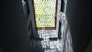 Una habitación con tragaluz, dos ventanas y vista a zonas verdes.