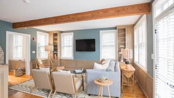 Smart TV, fireplace, books