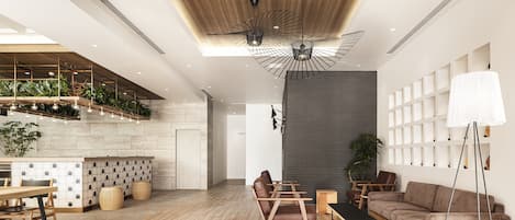 A modern interior with a wooden ceiling, a kitchen area with plants, a seating area with a sofa and chairs, and a large floor lamp.