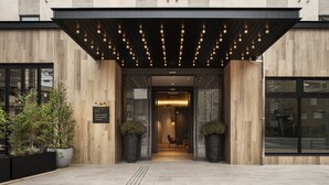 Una entrada de hotel moderna con fachada de madera, plantas en macetas grandes y un área de acceso cubierta con luces colgantes.