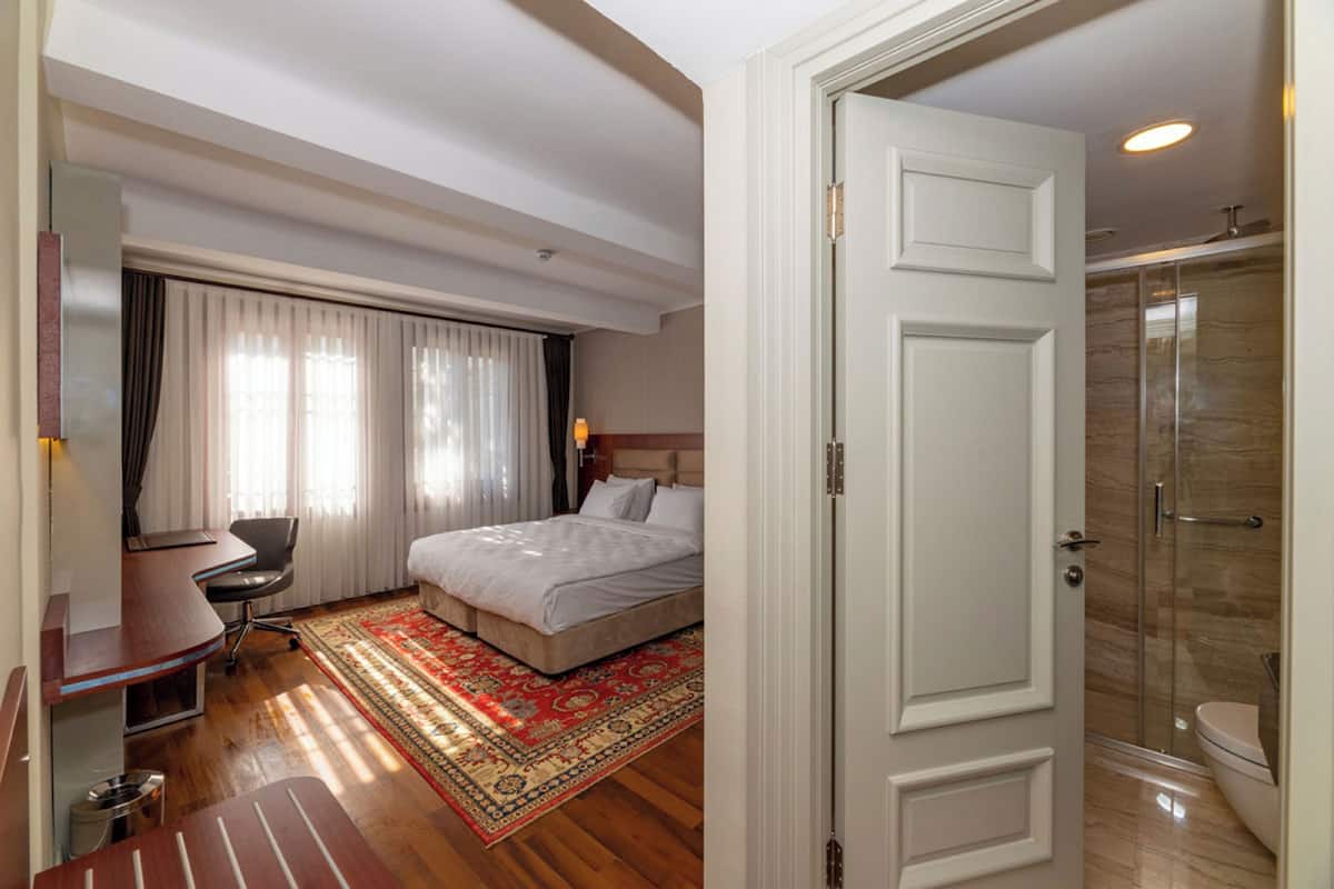 A hotel room with a bed, desk, chair, and a shower area.