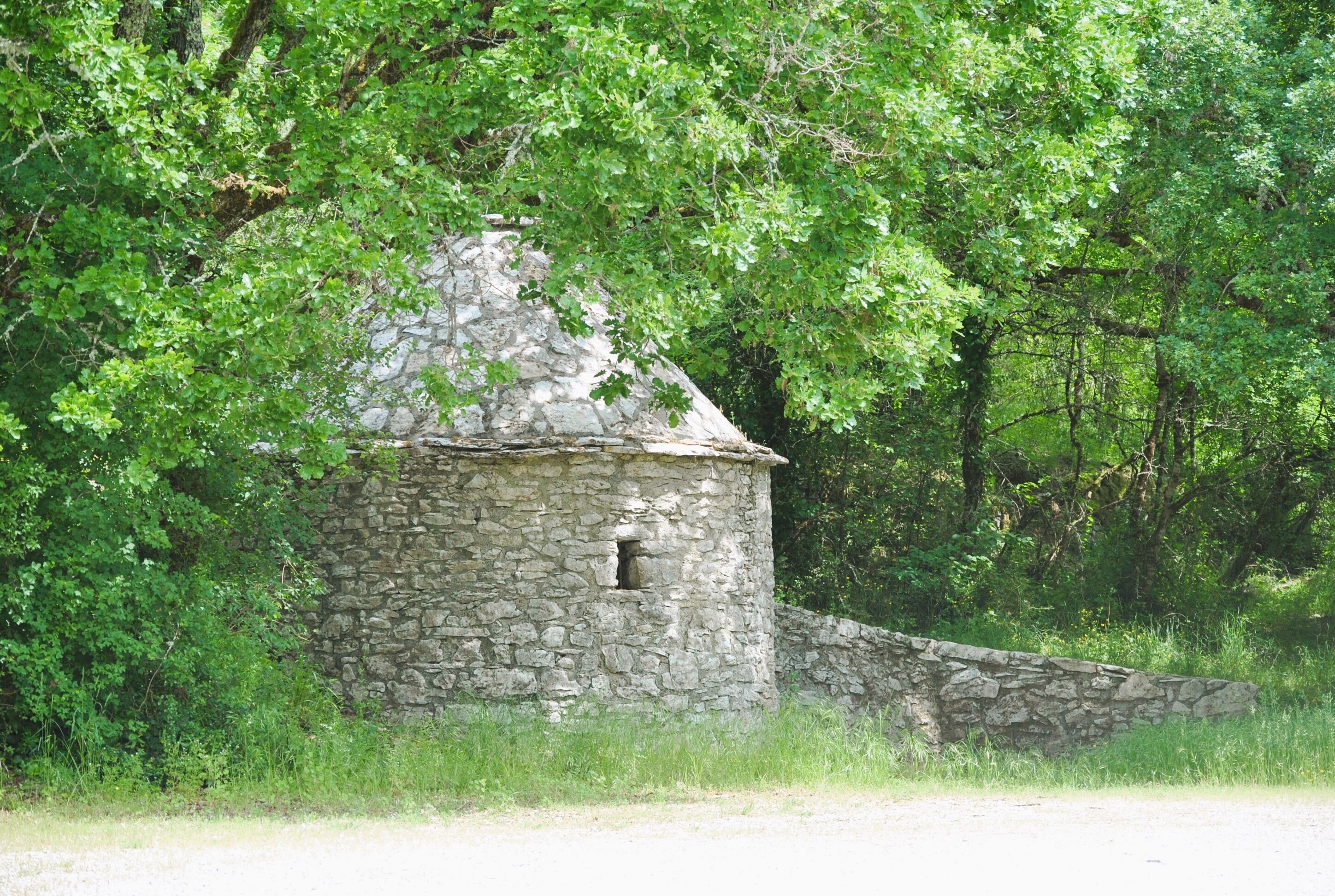Petit edifici de pedra envoltat de vegetació verda abundant.