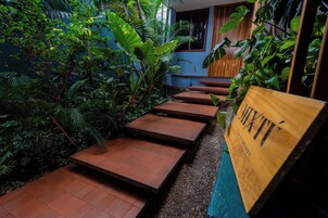 A pathway with steps leading through a lush indoor garden area.