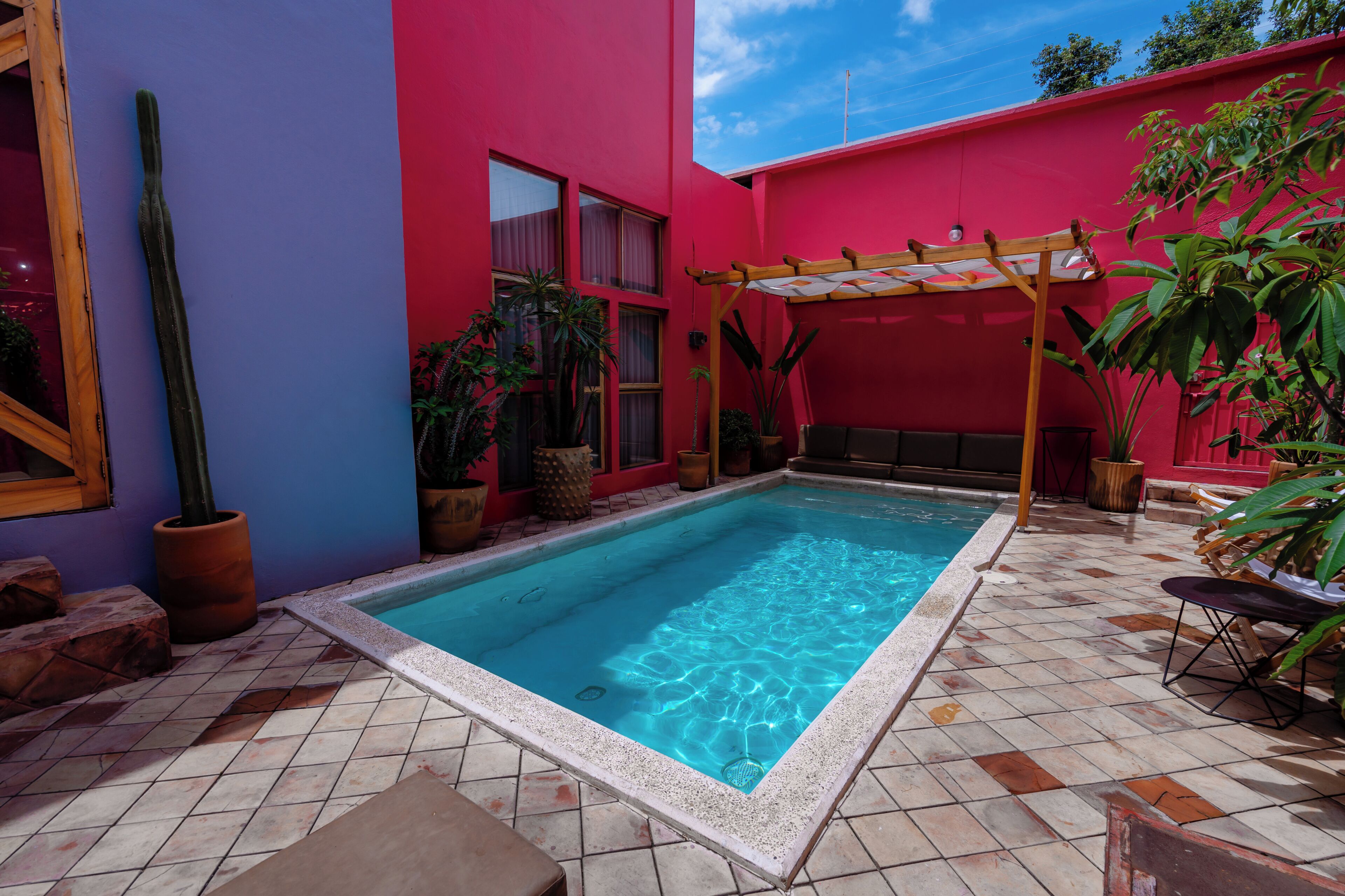 A swimming pool with a tiled deck, surrounded by potted plants and a pergola.