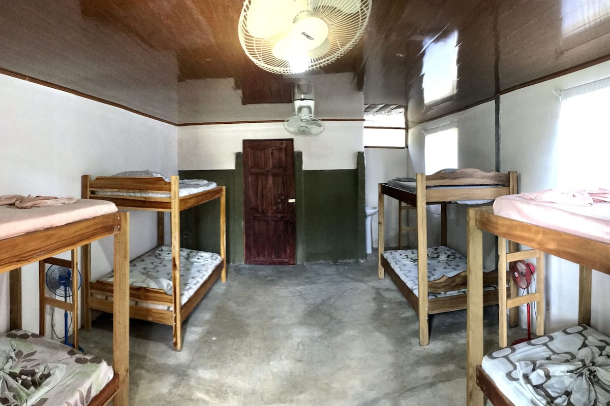 Une chambre de dortoir avec des lits superposés, un ventilateur, une porte et une fenêtre.