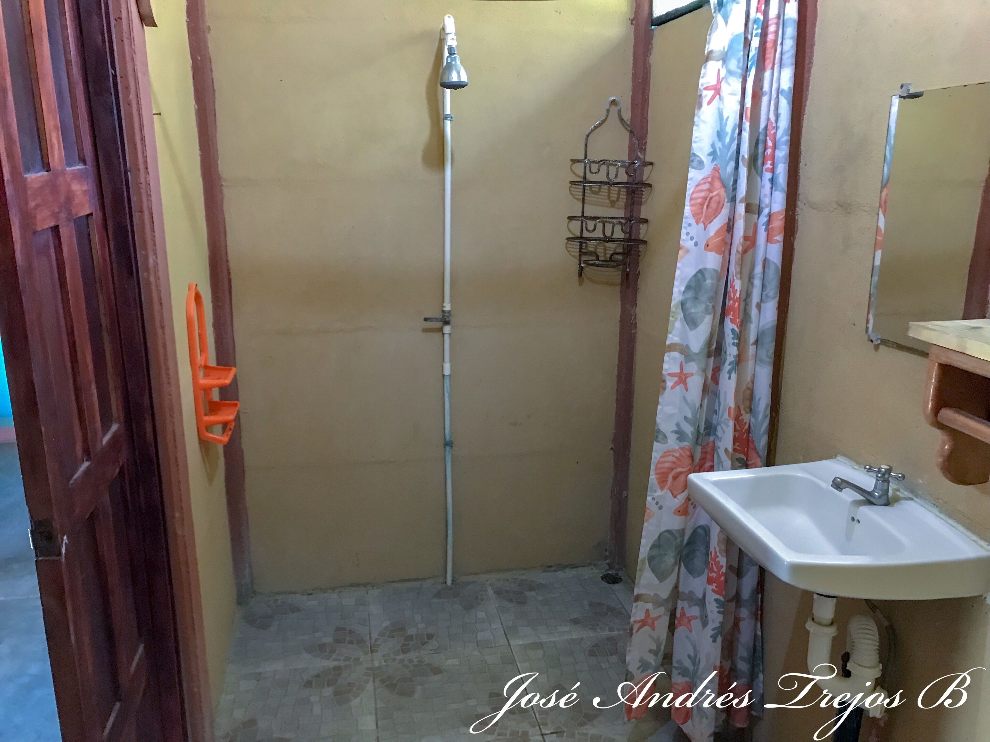 A bathroom with a shower, a sink, and a mirror.