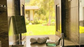 Shower, towels, soap, shampoo