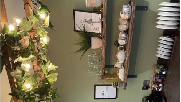 A café interior with a green wall, a coffee sign, shelves with cups and glasses, and a plant with hanging lights.