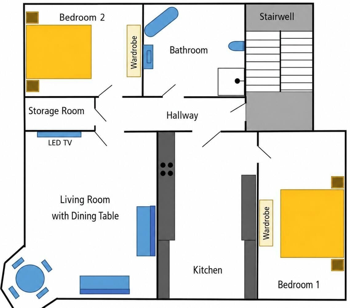 A floor plan with two bedrooms, a living room with a dining table, a kitchen, a storage room, a bathroom, and a stairwell.