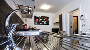 A modern kitchen with a stainless steel countertop, a high-end faucet, and a black and white abstract painting on the wall. - Comfortable apartment with garden view - Treviso center (Treviso)