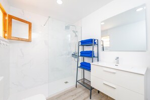 Ensemble baignoire-douche, séchoir à cheveux, serviettes fournies
