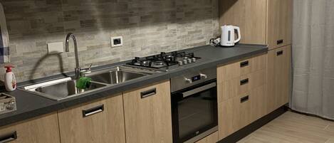 Frigorífico, microondas, horno y placa de cocina