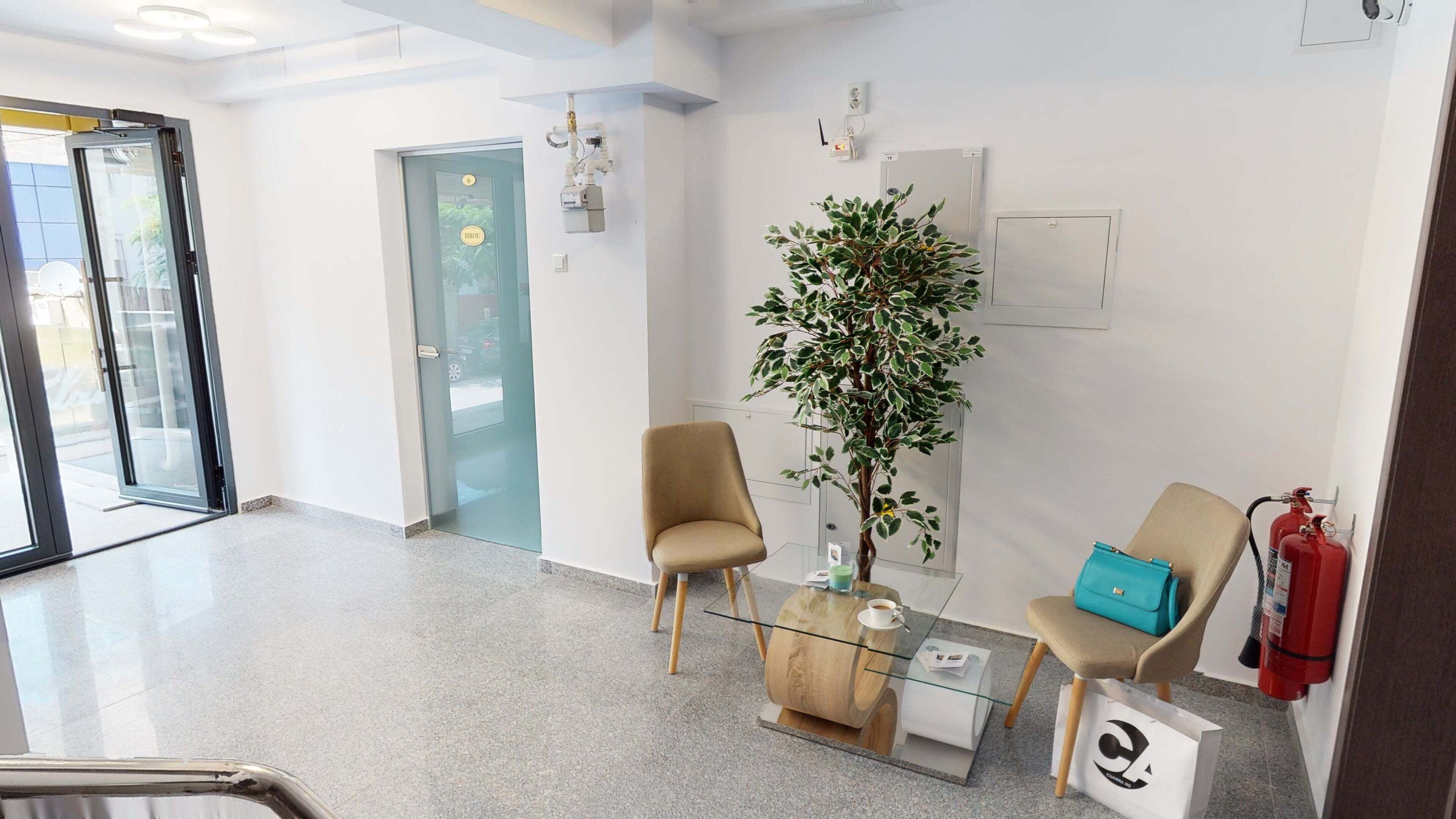 A modern reception area with a glass door, a reception desk, two chairs, a potted plant, and a fire extinguisher.