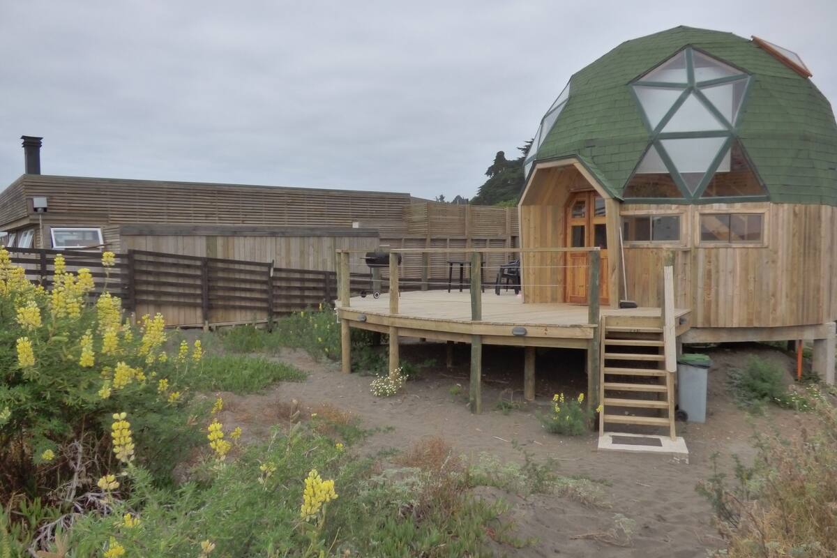 Une cabane en bois en forme de dôme, dotée d’une terrasse et d’une échelle menant à l’entrée.