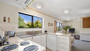 Cocina compacta con estufa, lavamanos y ventana con vista a árboles.