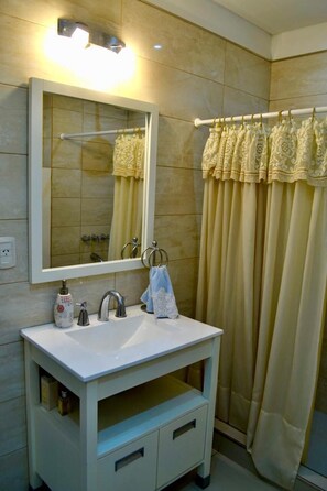 Hair dryer, towels, soap, toilet paper