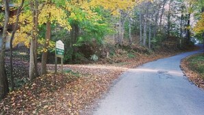 A paved road curving through a wooded area with autumn-colored trees. - Vacation cabin in the beautiful Hocking Hills (Sugar Grove)