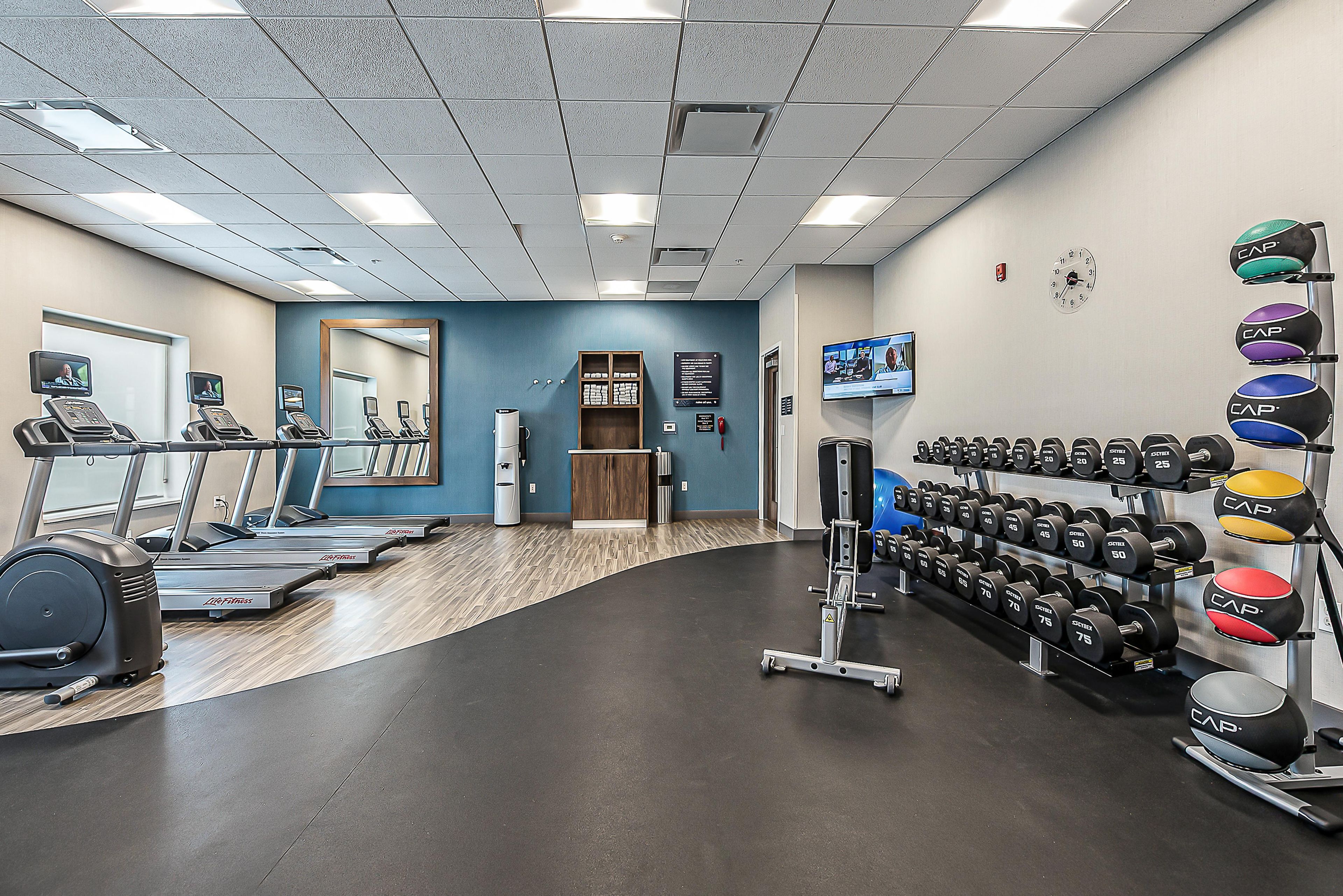 A gym with treadmills, weight machines, and a rack of dumbbells.