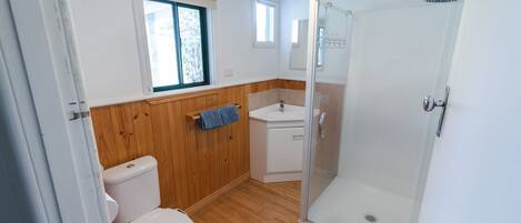 A compact bathroom with a toilet, a sink, and a glass-enclosed shower.