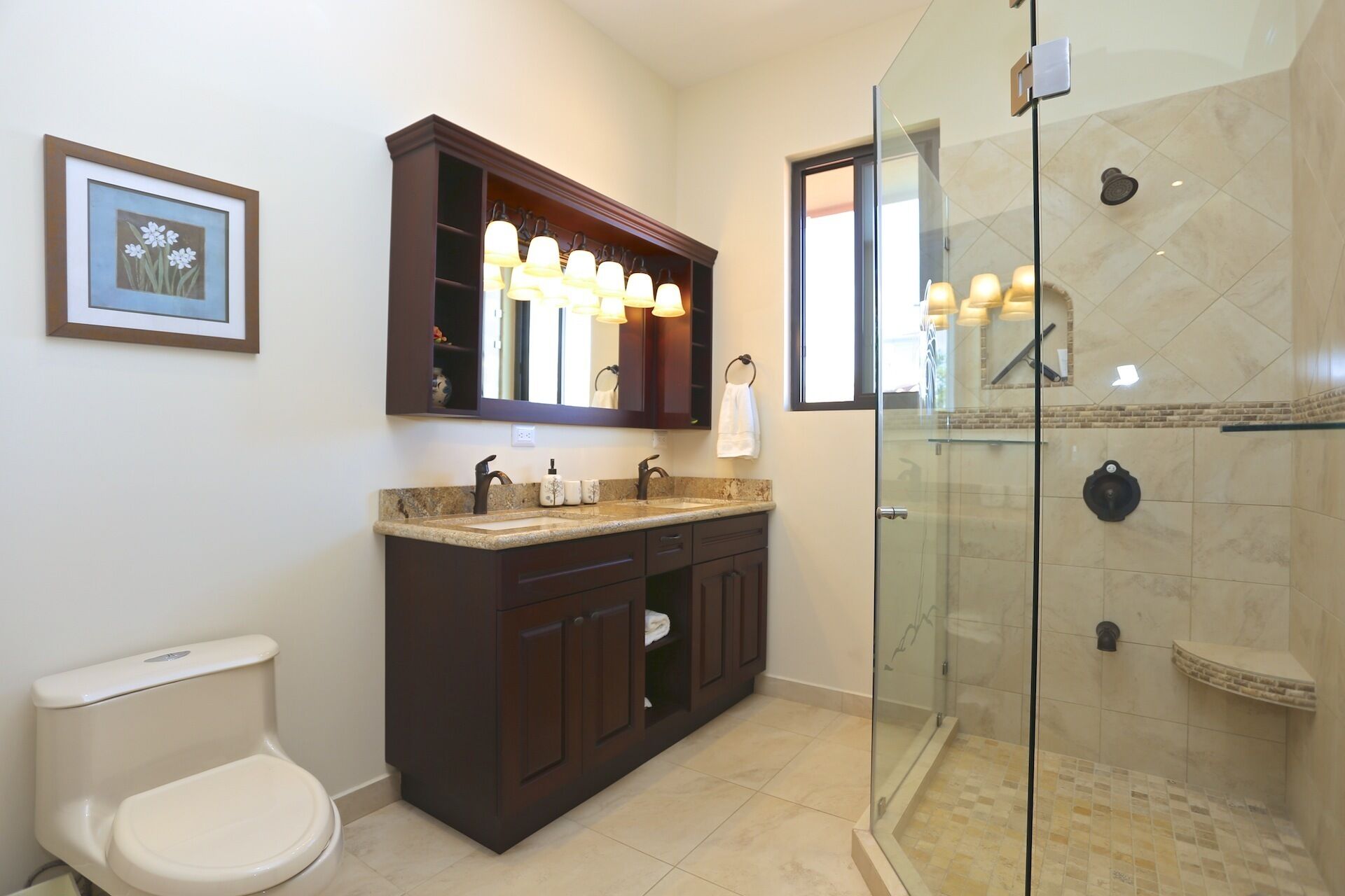 A bathroom with a dark wood vanity, a white toilet, a glass-enclosed shower, and a framed picture on the wall.