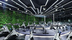 Un gimnasio con varias bicicletas estáticas dispuestas en un círculo, rodeado de follaje verde e iluminación moderna.