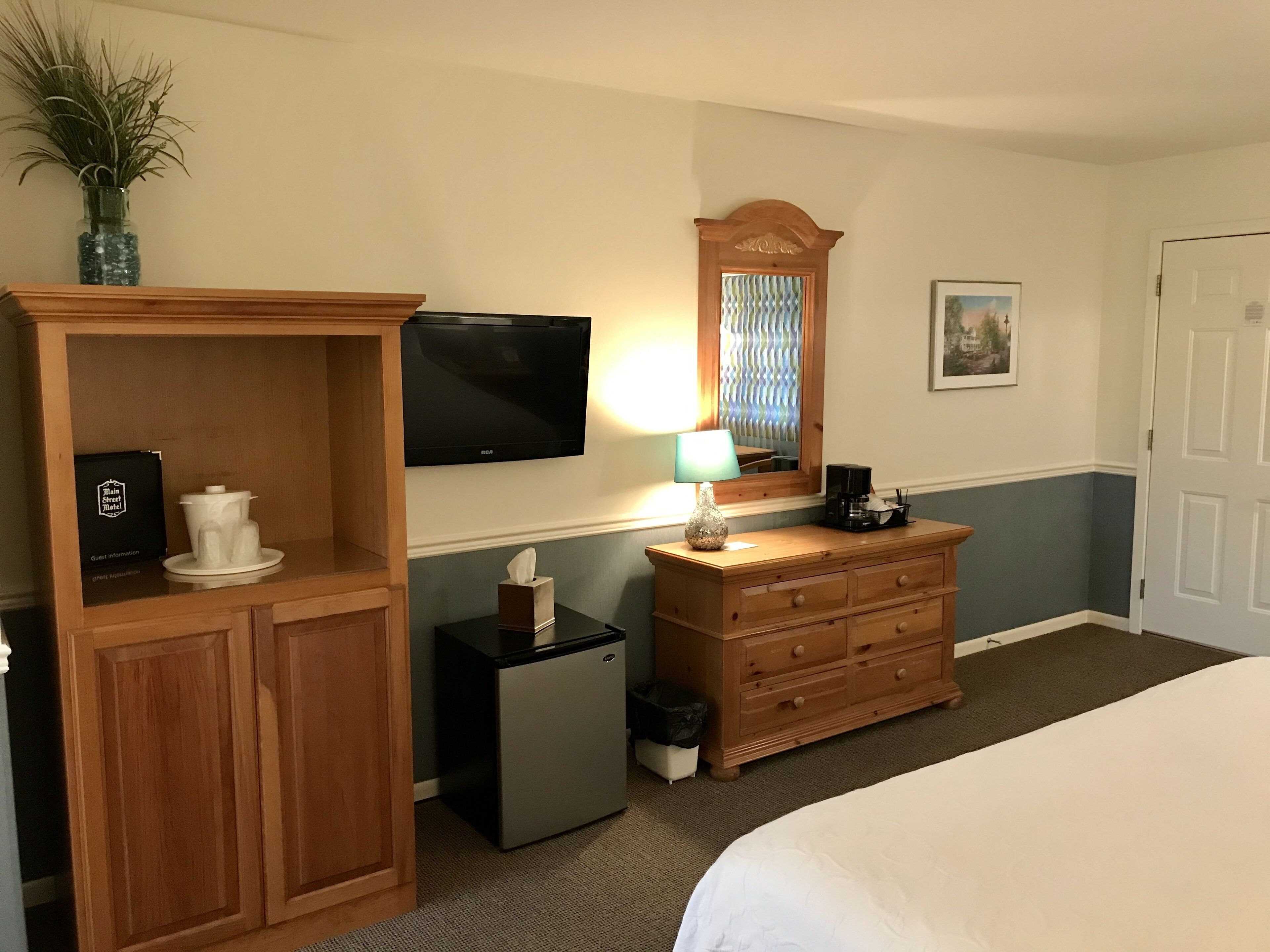 Habitación de hotel con una cama, un aparador de madera, un televisor, un refrigerador pequeño, un bote de basura, una lámpara y un cuadro en la pared.