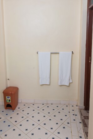 Shower, rainfall showerhead, towels
