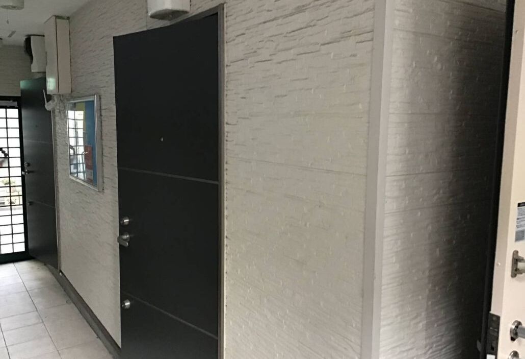 A hallway with a dark door, a window with a grid pattern, and a textured wall.