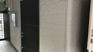 A hallway with a dark door, a window with a grid pattern, and a textured wall.