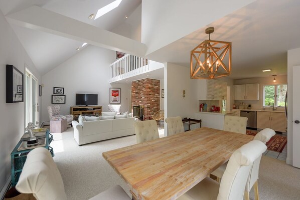 TV, fireplace, books