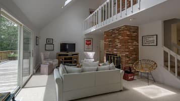 TV, fireplace, books