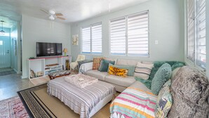 A living room with a sofa, a TV, and a ceiling fan. - The Babanees - Bummer Hill Boho Chic Surf Shack  (Rincon)