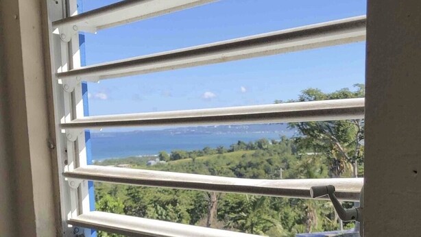 A window with horizontal blinds, offering a view of a lush green landscape and a body of water. - The Babanees - Bummer Hill Boho Chic Surf Shack  (Rincon)