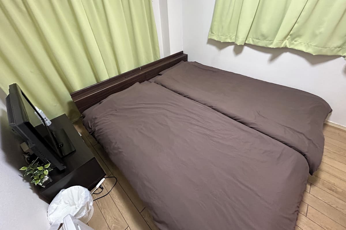 Una habitación pequeña con una cama individual, un escritorio con ordenador y una planta.