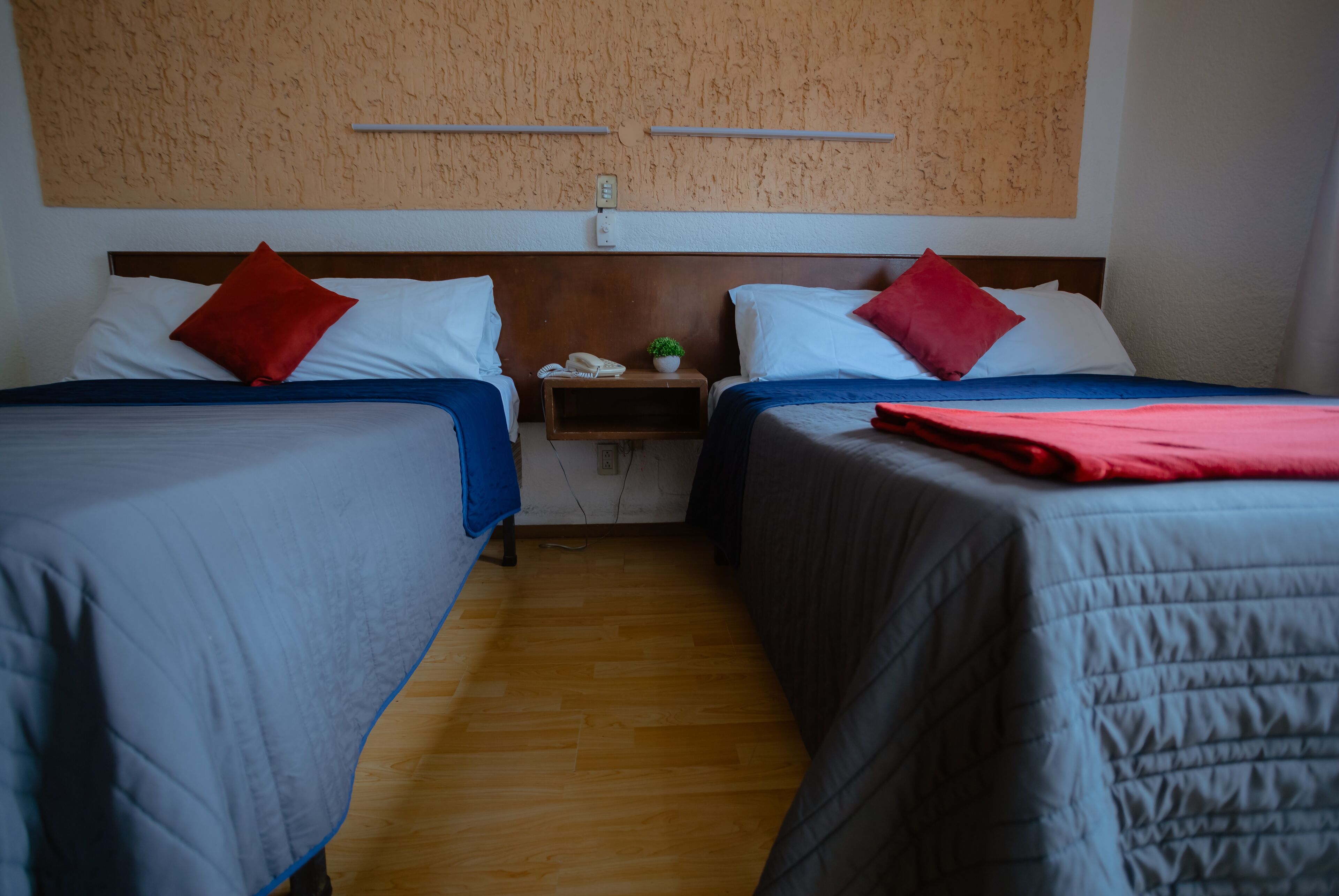 A hotel room with two beds, each with a blue bedspread and red pillows. There is a small bedside table with a plant and a phone.