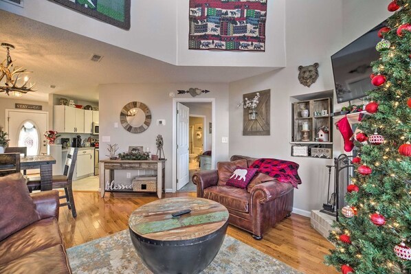 TV, fireplace, books