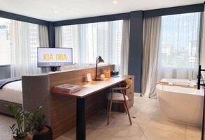 In-room safe, desk, laptop workspace, blackout drapes
