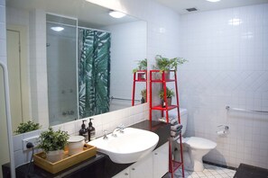 Hair dryer, towels, soap, shampoo