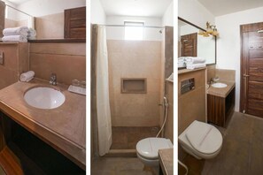 Shower, hydromassage showerhead, bathrobes, towels