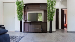 Een moderne woonkamer met een flatscreen televisie, een tv-meubel van donker hout en twee hoge groene planten.