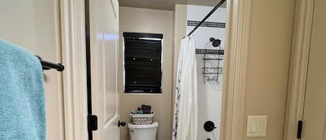 Combined shower/bathtub, hair dryer, towels, soap