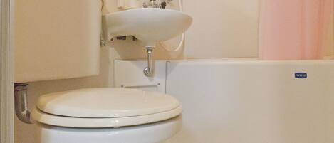 A bathroom with a toilet, sink, and shower area.